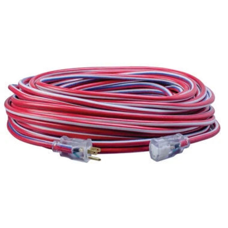 Southwire 100-Feet, Contractor Grade, 12/3 Extension Cord, With Lighted End, Red White And Blue, American Made Extension Cord, Indoor and Outdoor Use, Water Resistant Flexible Jacket