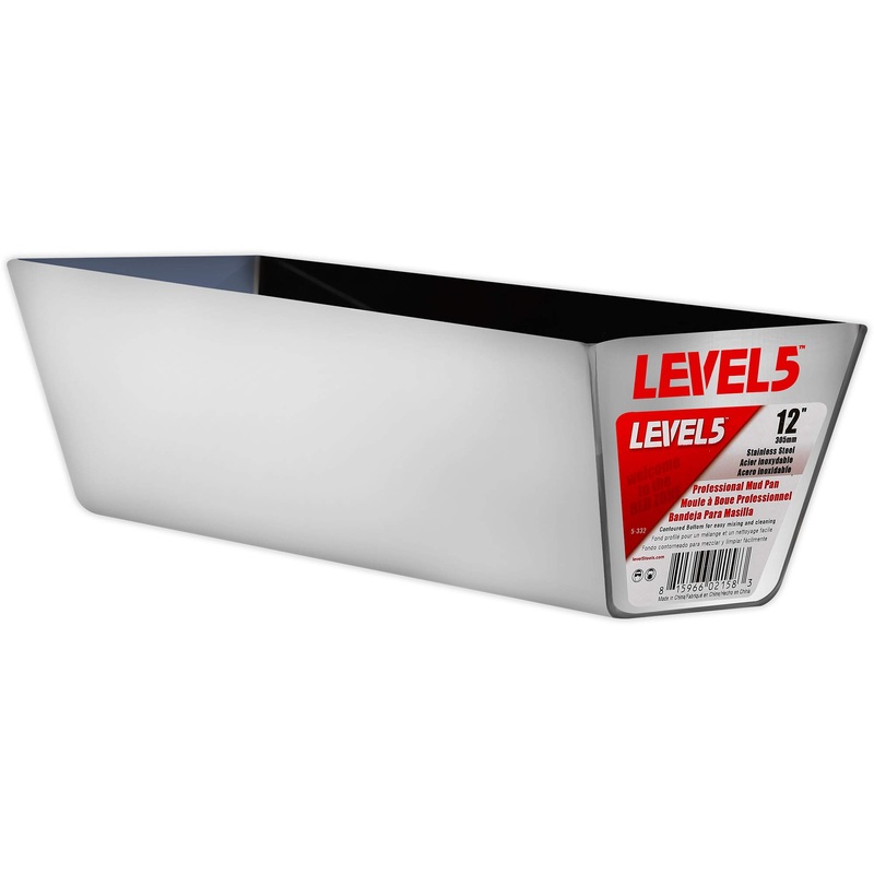 12 Stainless Steel Mud Pan + Ergonomic Contoured Base – LEVEL5 | Pro-Grade | Drywall Masonry Tool Tray Bucket | 5-332