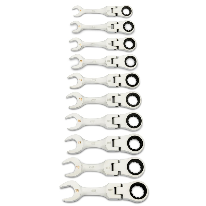GEARWRENCH 10 Piece 90-Tooth 12 Point Stubby Flex Combination Ratcheting Wrench Set, Metric | 10mm – 19mm | 86870