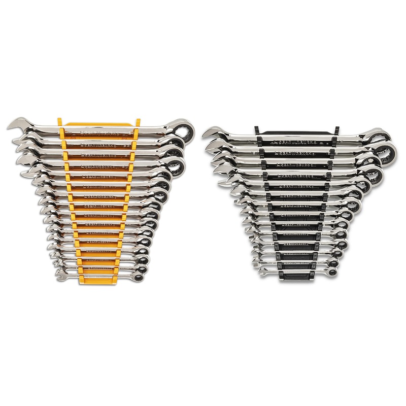 GEARWRENCH 30 Piece 12 Point Ratcheting Combination SAE/Metric (1/4-1 in., 8-24 mm) Wrench Set with Wrench Racks – 86702