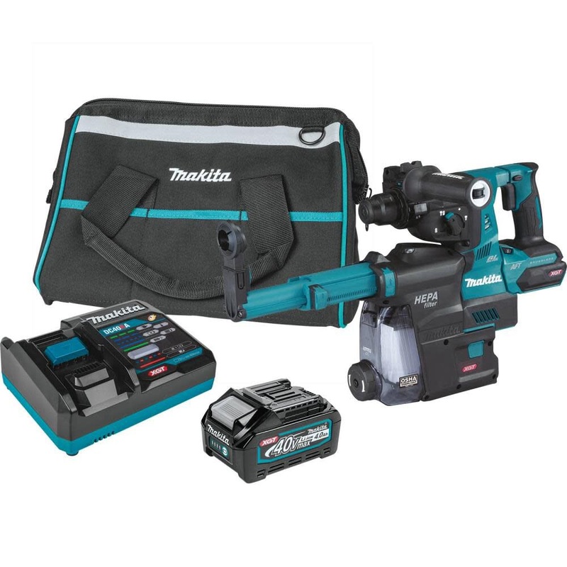 Makita GRH01M1W 40V max XGT Brushless Cordless 1-1/8 SDS-PLUS AVT Rotary Hammer Kit w/  Dust Extractor, AFT, AWS Capable, with one battery (4.0Ah) & FREE Makita GAG01Z