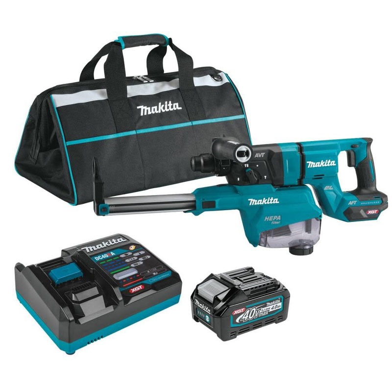 Makita GRH07M1W 40V max XGT Brushless Cordless 1-1/8 SDS-PLUS AVT Rotary Hammer (D-Handle)  Kit w/ Dust Extractor, AFT, AWS Capable, with one battery (4.0Ah) & FREE Makita GAG01Z