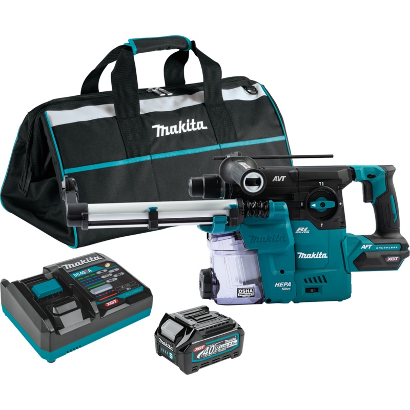 Makita GRH08M1W 40V Max XGT Brushless Cordless 1-3/16 SDS-PLUS AVT Rotary Hammer Kit w/  Dust Extractor, AFT, AWS Capable, with one battery (4.0Ah) & FREE Makita GAG01Z