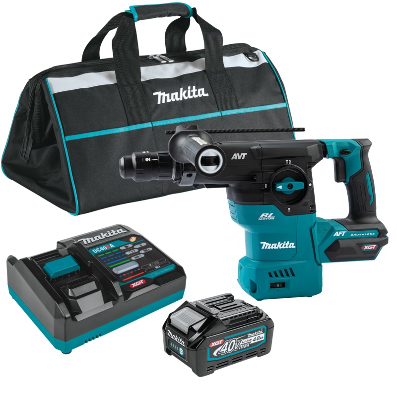 Makita GRH09M1 40V max XGT Brushless Cordless 1-3/16 SDS-PLUS AVT Rotary Hammer Kit, interchangeable chuck, AWS Capable, bag, with one battery (4.0Ah) & FREE Makita GAG01Z