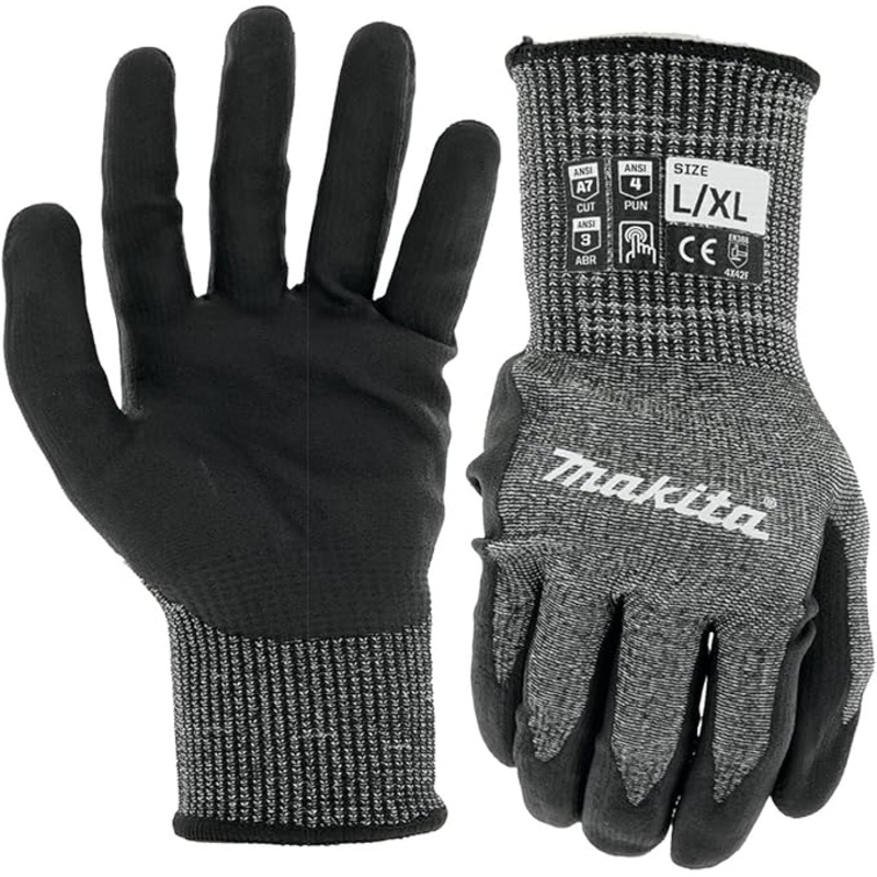 Makita Unisex Fitknit T 04145 Advanced FitKnit Cut Level 7 Nitrile Coated Dipped Gloves Large X Large, Gray/Black, Large X-Large US