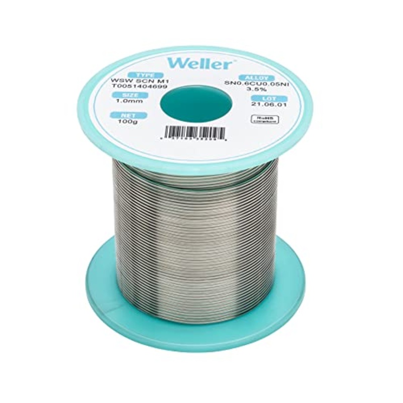 Weller WSW SCN M1 (T0051404699) Solder Wire, Dia: 1.0 mm / 0.039 in, Wt: 100 g / 3.527 oz, Alloy Sn99.3Cu0.6Ni0.05, Flux content 3.5%