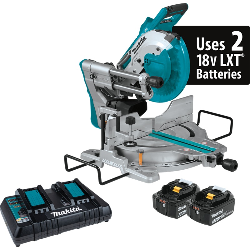 Makita XSL06PT 36V (18V X2) LXT Brushless 10 Dual-Bevel Sliding Compound Miter Saw Kit, laser, dual port charger (5.0Ah) & FREE Makita XCV04Z