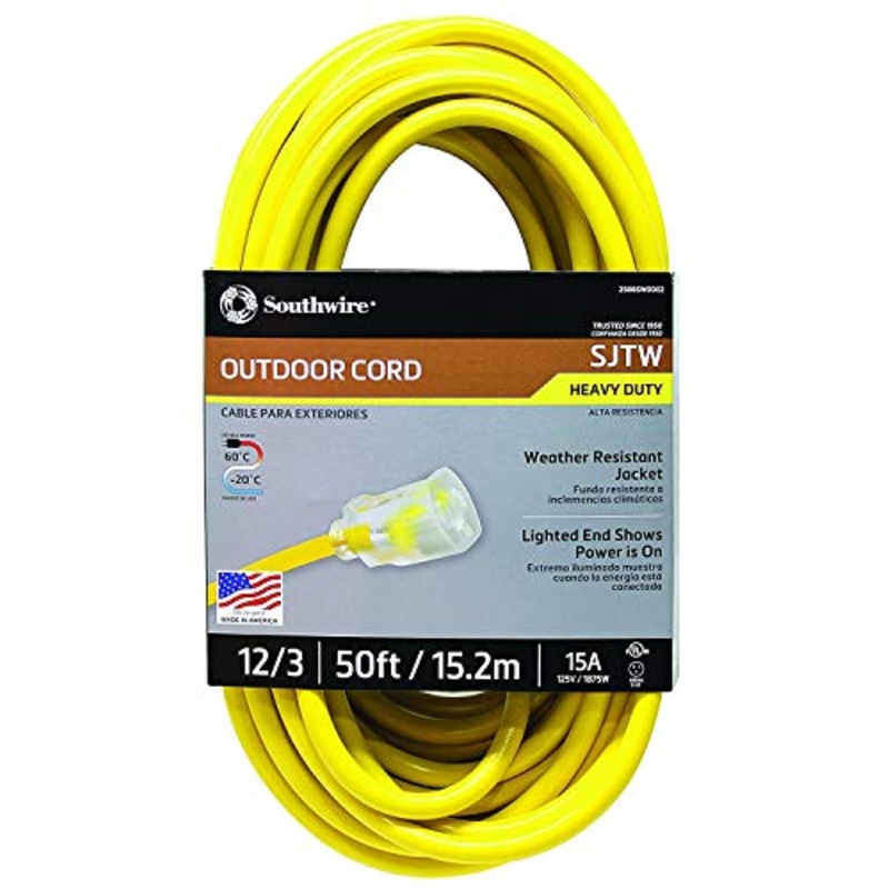 Southwire 2588SW0002 Outdoor Cord-12/3 SJTW Heavy Duty 3 Prong Extension Cord-for Commercial Use (50′; Yellow); 50 Feet