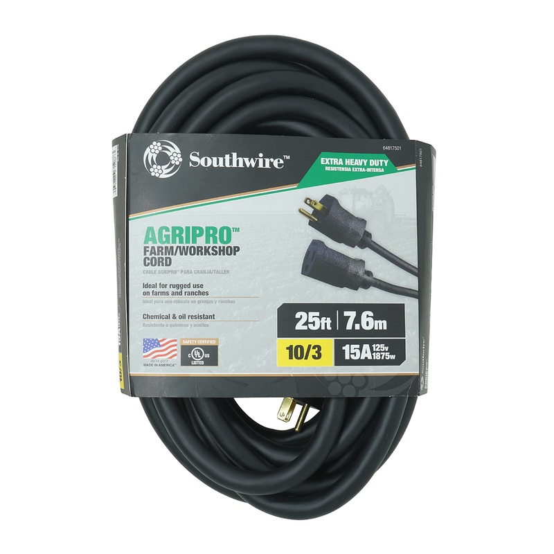 Southwire AGRIPRO 10/3 Extra Heavy Duty Extension Cord, 25ft, Farm/Workshop Cord, SJTOW, Black, 64817501 Black 10/3 Gauge