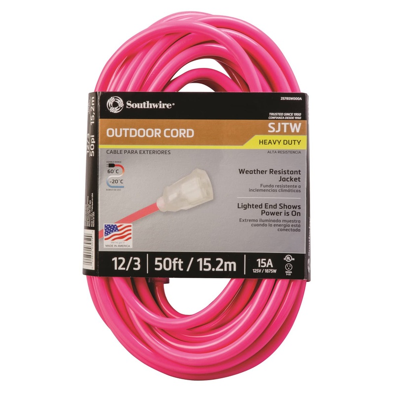 Southwire Heavy Duty Extension Cord, 50Ft, 12 Gauge, 3 Conductor, High Visibility Outdoor Cord, Lighted End, SJTW, Cool Pink – 2578SW000A