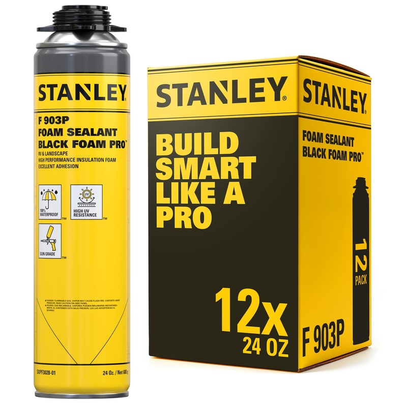 STANLEY Black Spray Foam Pro  Black Expanding Foam Sealant for RV, Automotive & Landscaping, Waterproof, UV Resistant, Strong Adhesion, Gun Use  Gun & Cleaner NOT Included – 24oz, Black Foam Pro (Pack of 12)