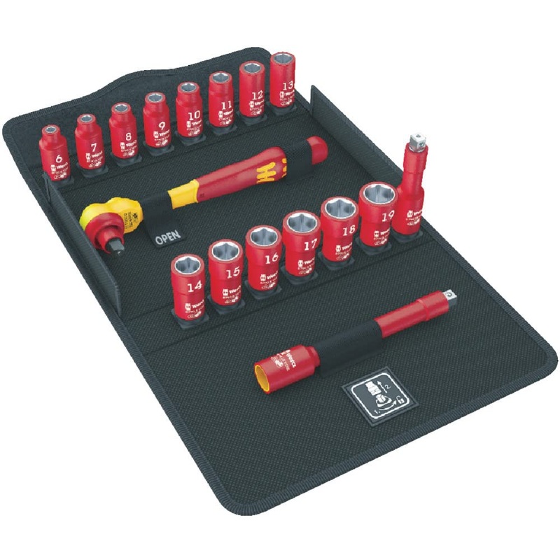 Wera Tools 17 Piece 8100 SB VDE 1 Zyklop Ratchet Set, Insulated, Switch Lever, 3/8 Drive, Metric – 05004970001
