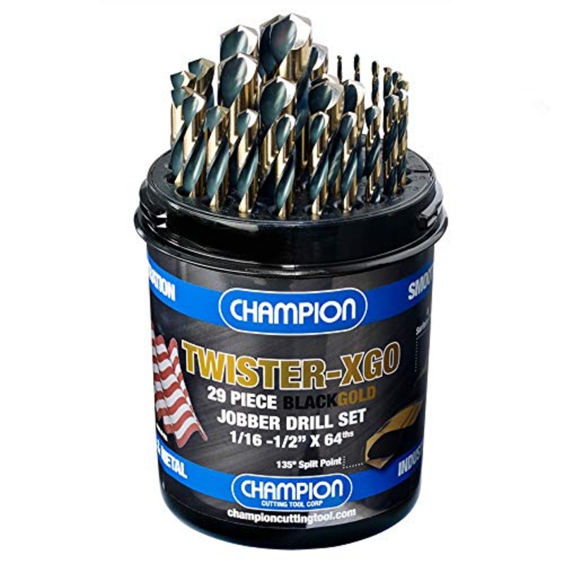 Champion Cutting Tool Corp TWISTER-XGO Champion Cutting Tool Heavy Duty Black & Gold 29Piece Jobber Drill Bit Set- Made In USA, 135 Split Pt., 1/16-1/2x 64Ths,