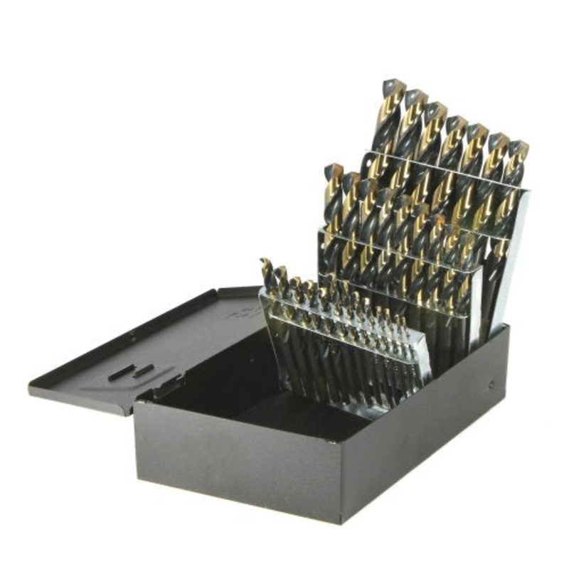 Drillco 350N Series Nitro 29 Piece High-Speed Steel Mechanics Length Drill Bit Set, Black and Gold Oxide Finish, Round with Flats Shank, Spiral Flute, 135 Degrees Split Point, 1/16 – 1/2 in 1/64 increments