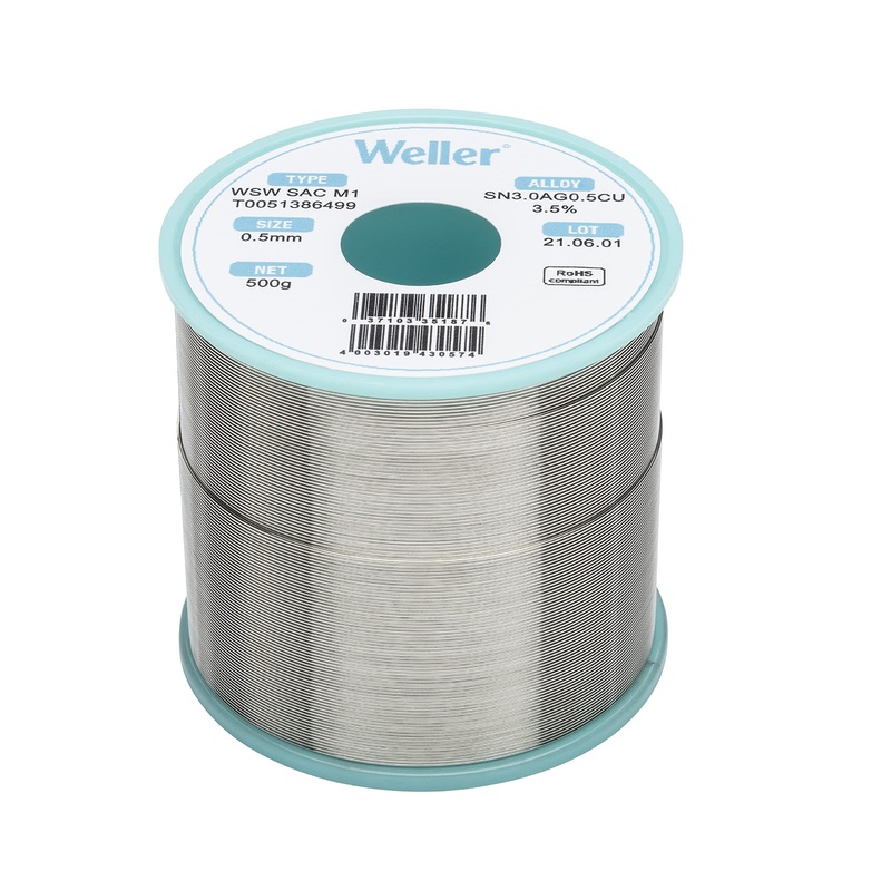 Weller T0051388299 Solder Wire, No Clean, Lead Free, 0.020 in/0.5mm Diameter, Sn96.5Ag3Cu0.5, 3.5% Flux Content