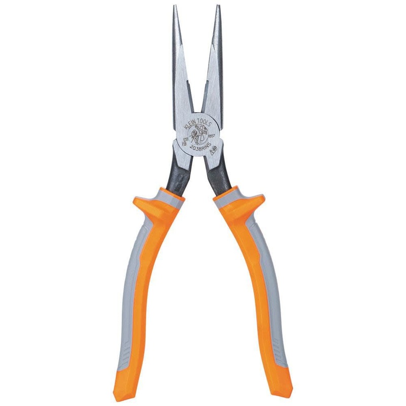 Klein Tools 2038RINS Pliers, Electrician’s Insulated Long Nose Side-Cutting Pliers, 1000V Rated, Induction Hardened Knives, 8-Inch
