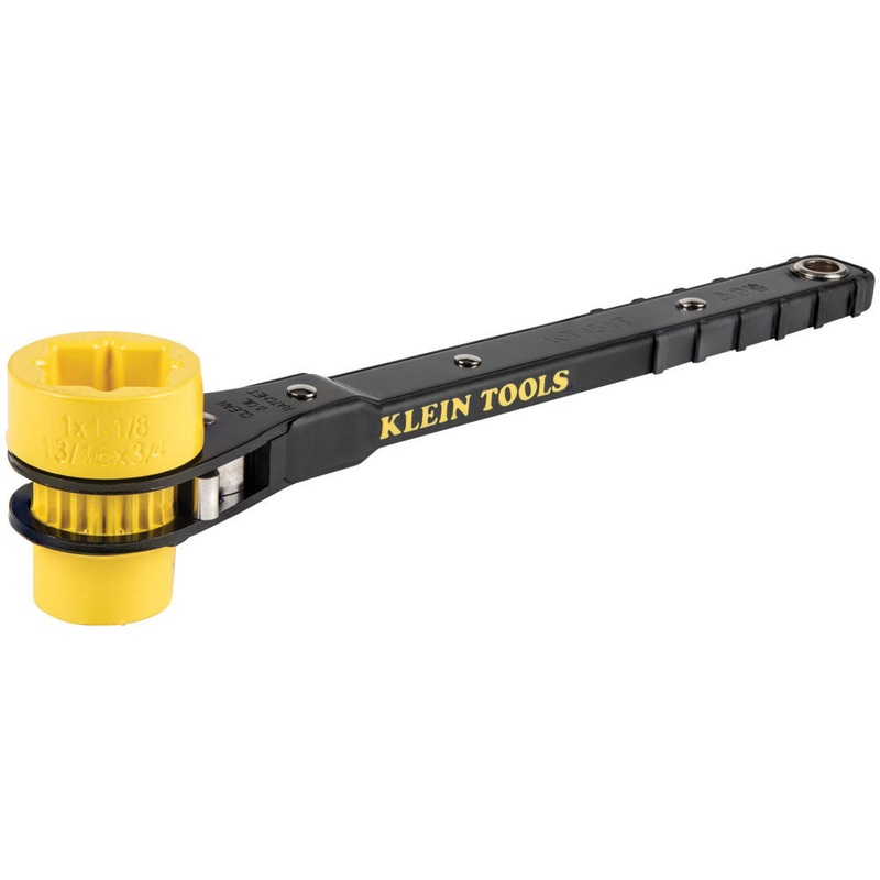 Klein Tools KT151T Lineman’s Ratcheting Wrench with Bolt-Through Design, 3/4-Inch, 13/16-Inch, 1-Inch x 1-1/8-Inch Combination Square Socket