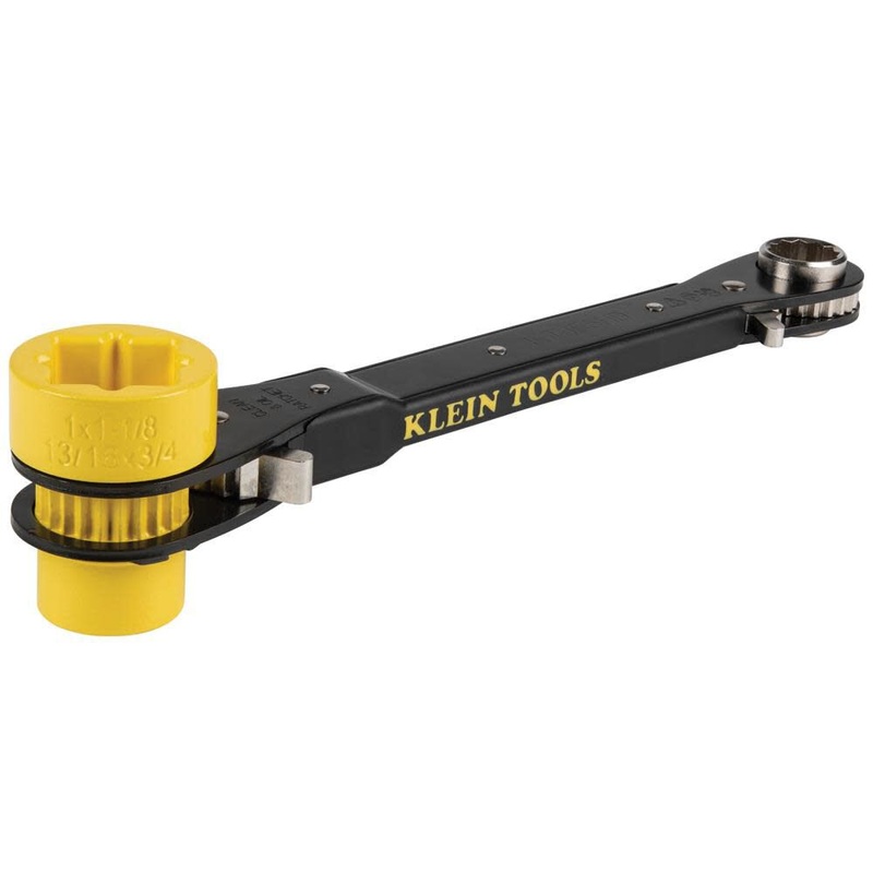 Klein Tools KT155HD Heavy-Duty 6-In-1 Lineman’s Ratcheting Wrench with Bolt Through Design and Bright Yellow Socket