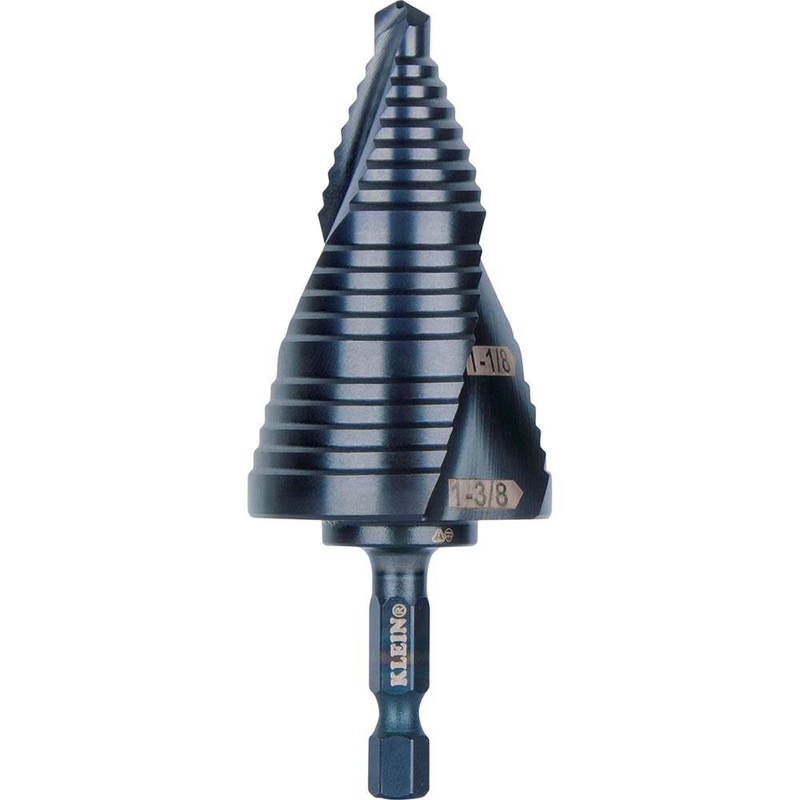 Klein Tools QRST15 Step Drill Bit, Quick Release Spiral Double-Fluted, 7/8 to 1-3/8-Inch, Hex Shank, Cut Steel, Wood, Plastic, Aluminum