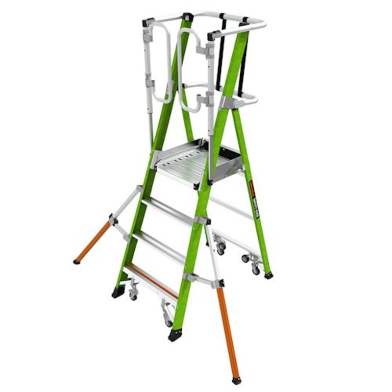 Little Giant Ladders Little Giant Ladder Systems Safety Cage 2.0, M4, 4ft Enclosed Platform, Ladder with Adjustable Outriggers, Fiberglass, Type 1AA, 375 lbs Weight Rating, (19704-146), Hi-viz Green