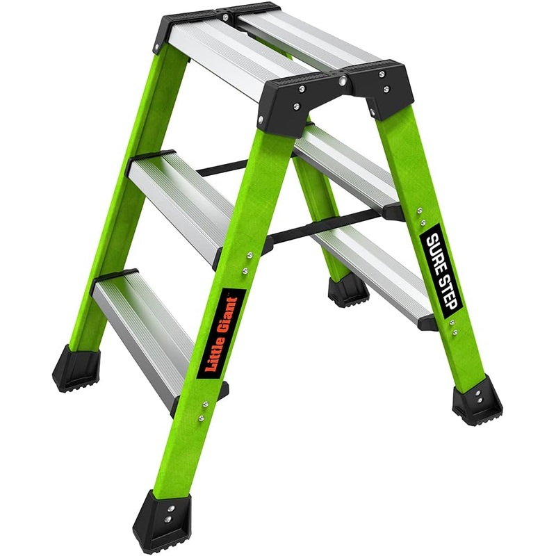 Little Giant Ladders, Sure Step, 3-Step, Double-Sided Step Stool, Fiberglass, (11953), Type 1AA, 375 lbs Weight Rating, Hi-viz Green