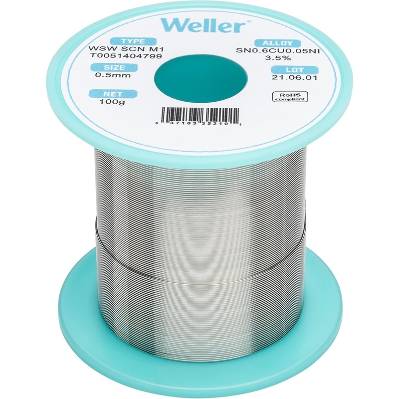 Weller WSW SCN M1 (T0051404799) Solder Wire, Dia: 0.5 mm / 0.020 in, Wt: 100 g / 3.527 oz, Alloy Sn99.3Cu0.6Ni0.05, Flux content 3.5%