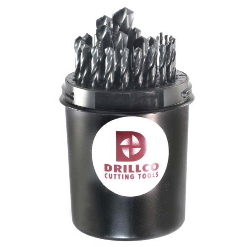 Drillco 400E Series 29 Piece High-Speed Steel Heavy-Duty Jobber Drill Bit Set, Black and Gold Oxide Finish, Round Shank, Spiral Flute, 135 Degrees Split Point, Drill Pal 1/16 – 1/2 in 1/64 increments