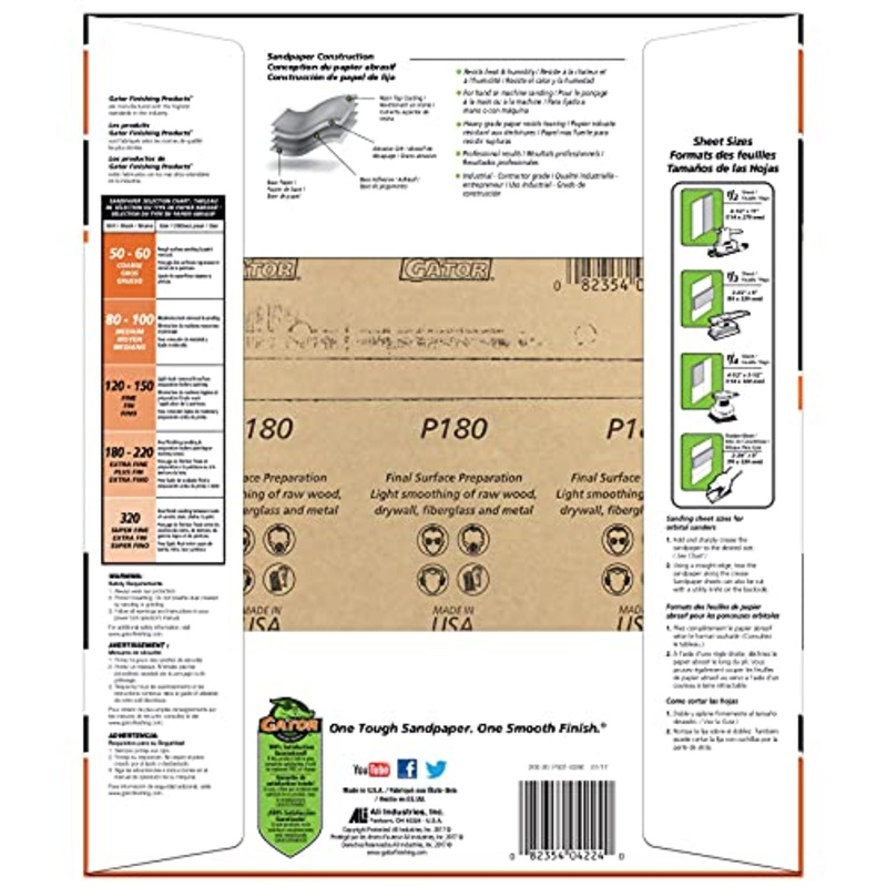Gator 9 x 11 Bare Wood Sanding Sheets, 180 Grit, 25 Pack