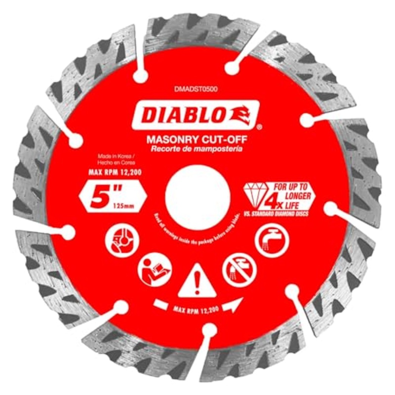 Diablo Diamond Segmented Turbo Masonry Cut-Off Blade for Concrete, Brick and Block – 5 Diameter, 2.4mm Kerf, 12200 Max RPM – DMADST0500