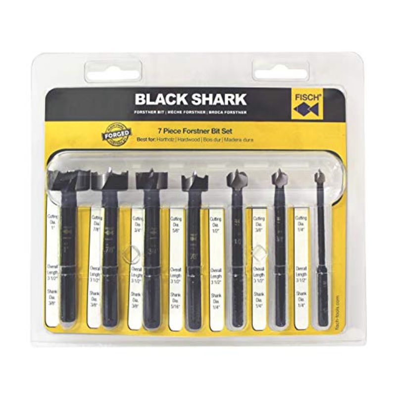Fisch FSA-367192 7 Piece Black Shark Forstner Drill Bit Set Blister Pack Includes Bits from 1/4-inch up to 1-inch Diameter, Forged Steel, Made in Austria