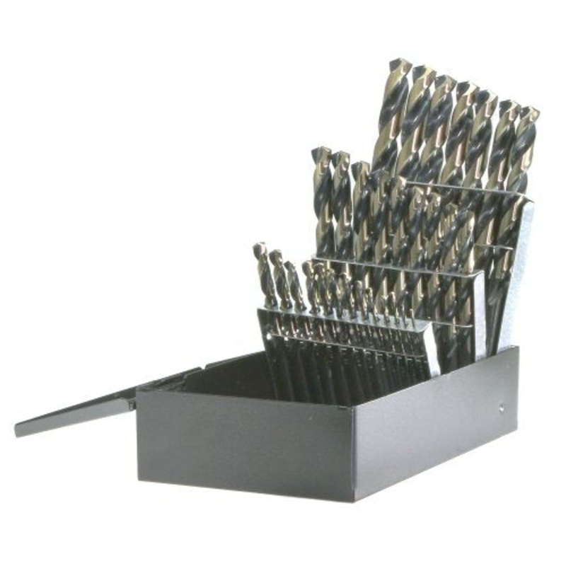 Drillco 400N Series Nitro 29 Piece High-Speed Steel Heavy-Duty Jobber Drill Bit Set, Black and Gold Oxide Finish, Round Shank, Spiral Flute, 135 Degrees Split Point, 1/16 – 1/2 in 1/64 increments