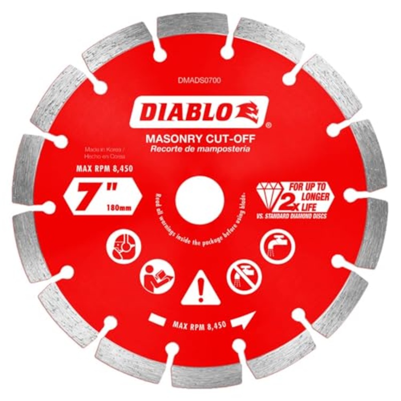 Diablo Diamond Segmented Masonry Cut-Off Blade for Concrete, Brick and Block – 7 Diameter, 2.4mm Kerf, 8450 Max RPM – DMADS0700
