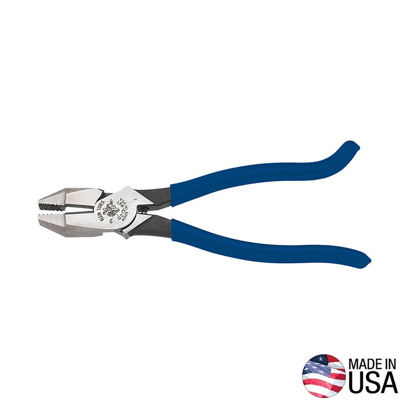 Klein Tools (D213-9ST) High-Leverage Ironworker’s Pliers, Made in USA, Twist and Cut Soft Annealed Tie Wire, Hook Bend Handle, Spring Loaded, Heavy-Duty Jaws
