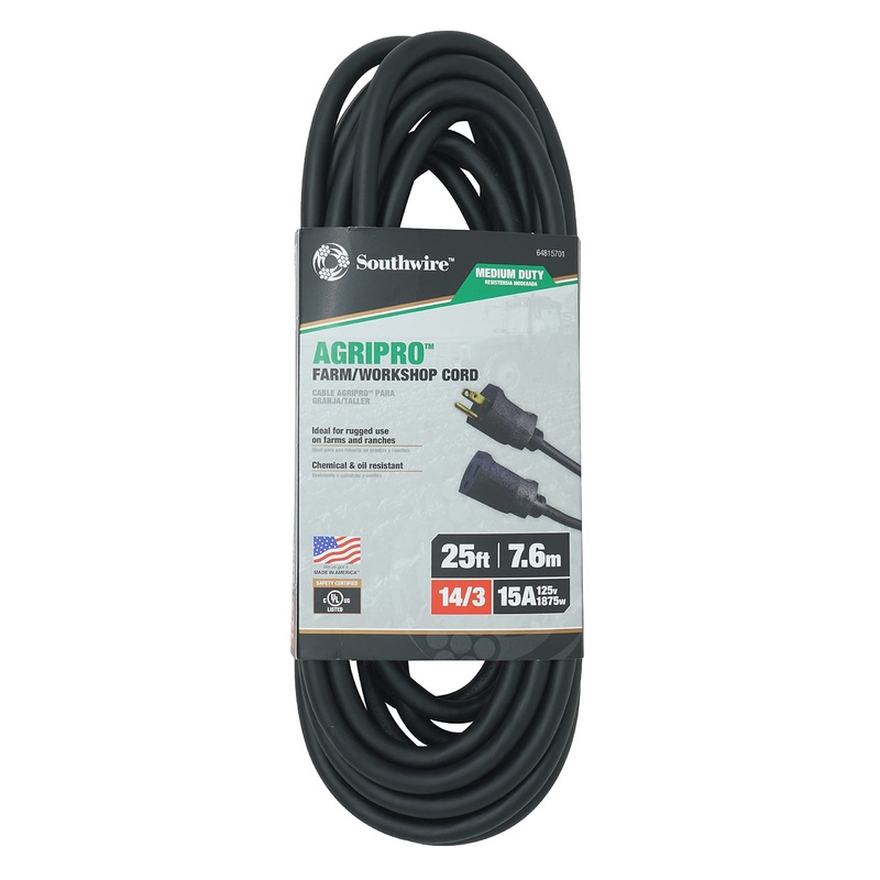 Southwire AGRIPRO Medium Duty Extension Cord, 25Ft, 14 Gauge, 3 Conductor, Farm/Workshop Cord SJTOW, Black – 64815701