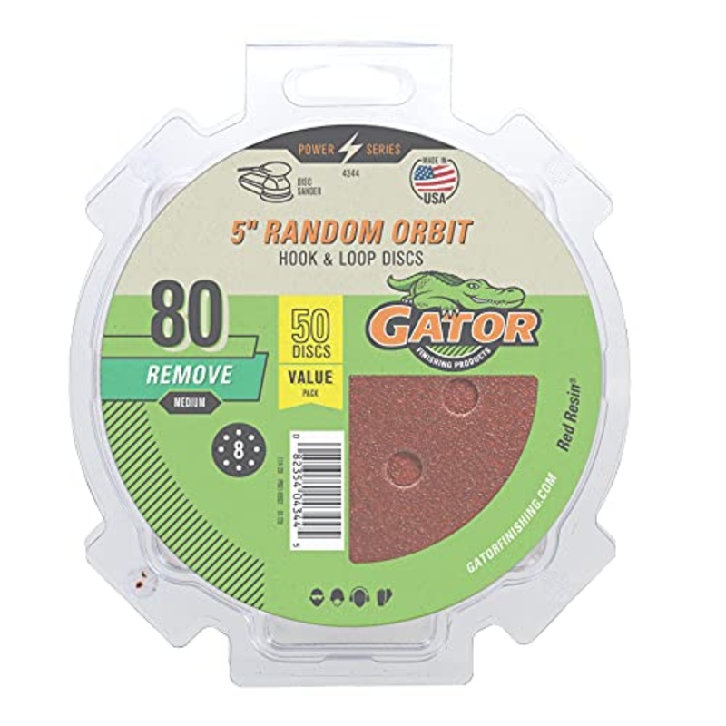 Gator 5 Random Orbit Hook & Loop Red Resin Aluminum Oxide Sanding Discs, 8-Hole, 80 Grit, 50 Pack