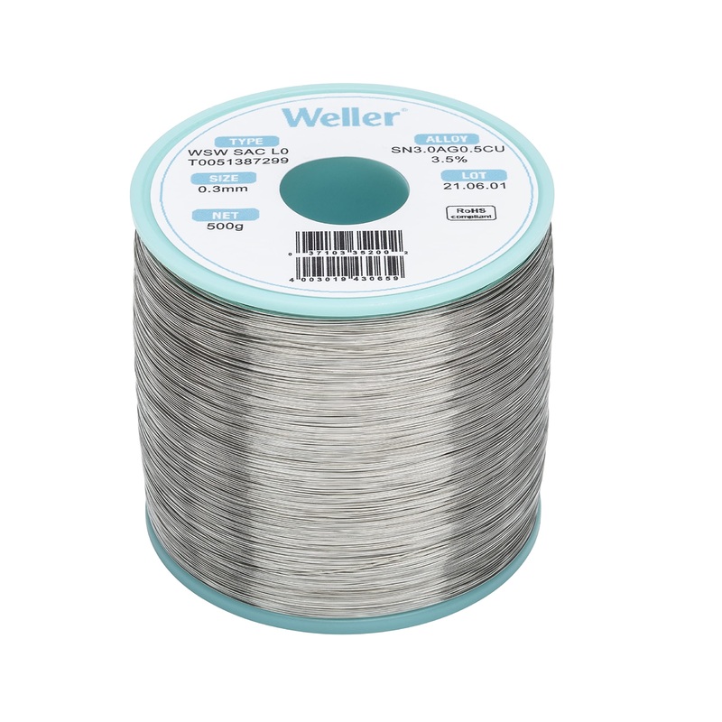 Weller WSW SAC L0 Lead Free Solder Wire, 0.3 mm / 0.012 in Diameter, 500 g / 17.637 oz Weight, Sn96.5Ag3.0Cu0.5 Alloy, 3.5% Flux Content – T0051387299