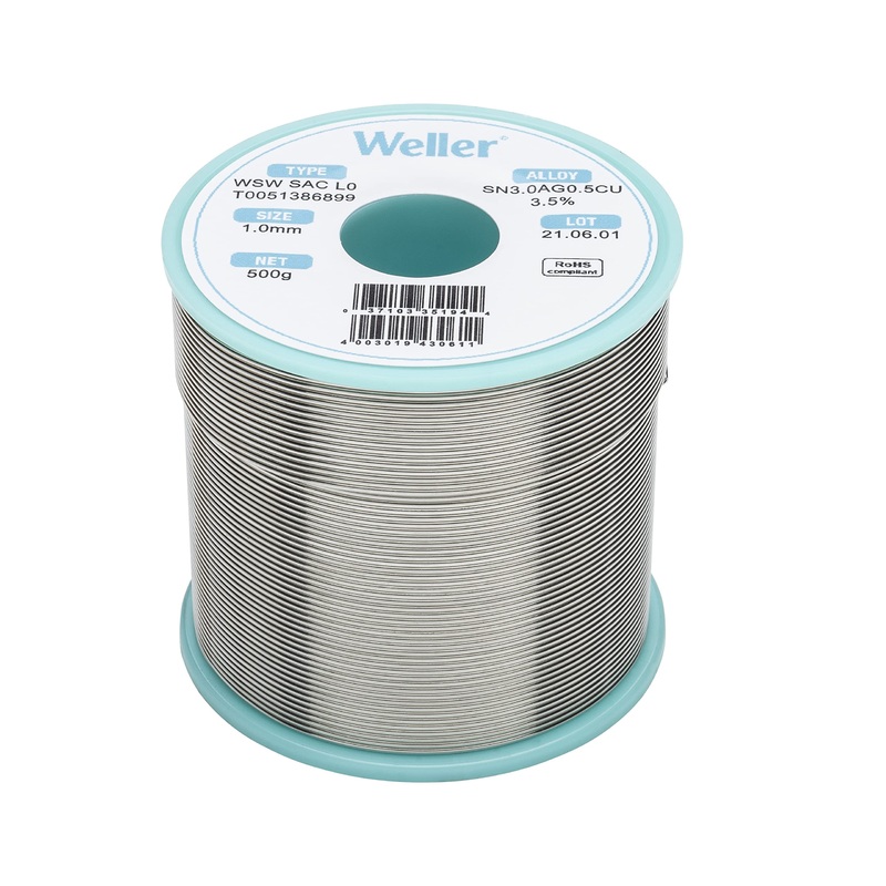 Weller WSW SAC L0 Lead-Free Solder Wire, 1.0 mm / 0.039 in Diameter, 250 g / 8.818 oz Weight, Sn96.5Ag3.0Cu0.5 Alloy, 3.5% Flux content – T0051388899