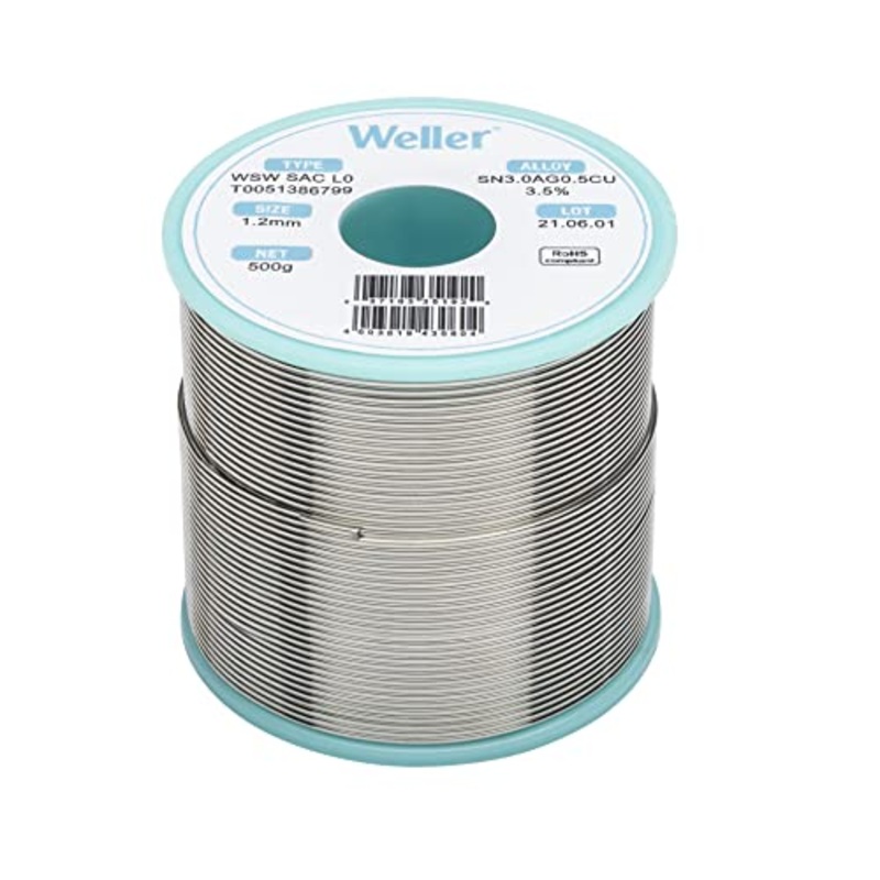 Weller WSW SAC M1 (T0051386570) Lead Free Solder Wire, Dia: 0.2 mm / 0.008 in, Wt: 10 g / 0.353 oz, Alloy Sn96.5Ag3.0Cu0.5, Flux content 3.5%