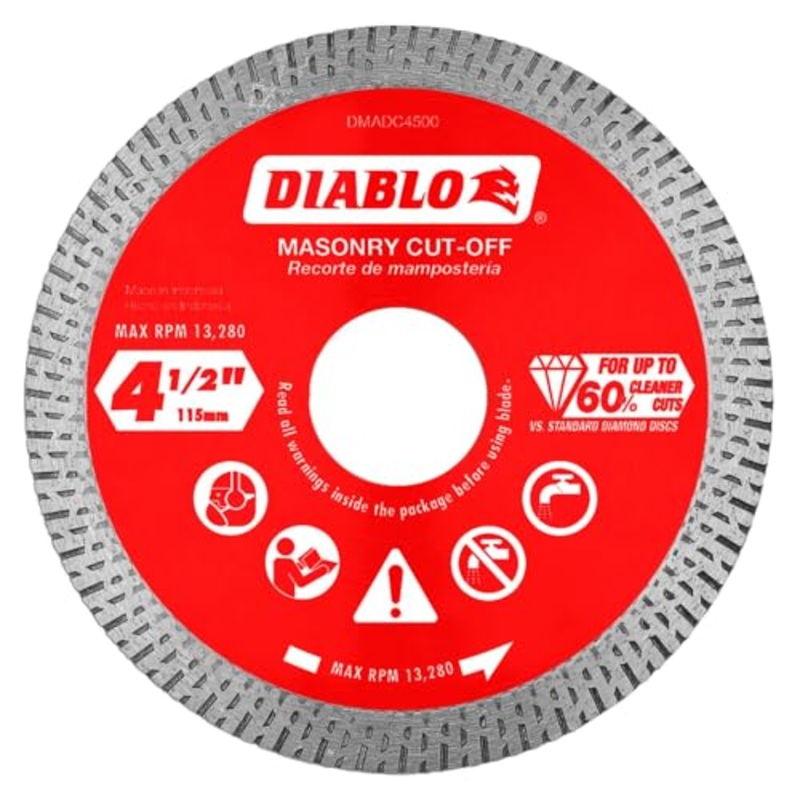 Diablo Diamond Continuous Rim Masonry Cut-Off Disc for Granite, Marble, Porcelain and Tile – 4-1/2 Diameter, 1.4mm Kerf, 13280 Max RPM – DMADC0450
