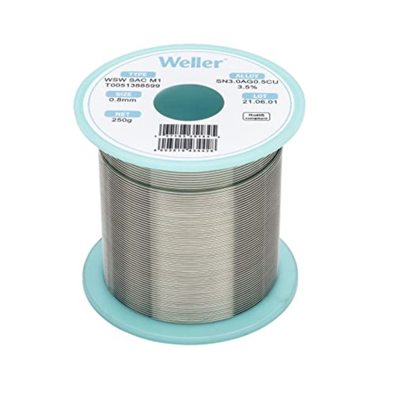 Weller WSW SAC M1 (T0051402599) Lead Free Solder Wire, Dia: 0.8 mm / 0.039 in, Wt: 100 g / 3.527 oz, Alloy Sn96.5Ag3.0Cu0.5, Flux content 3.5%