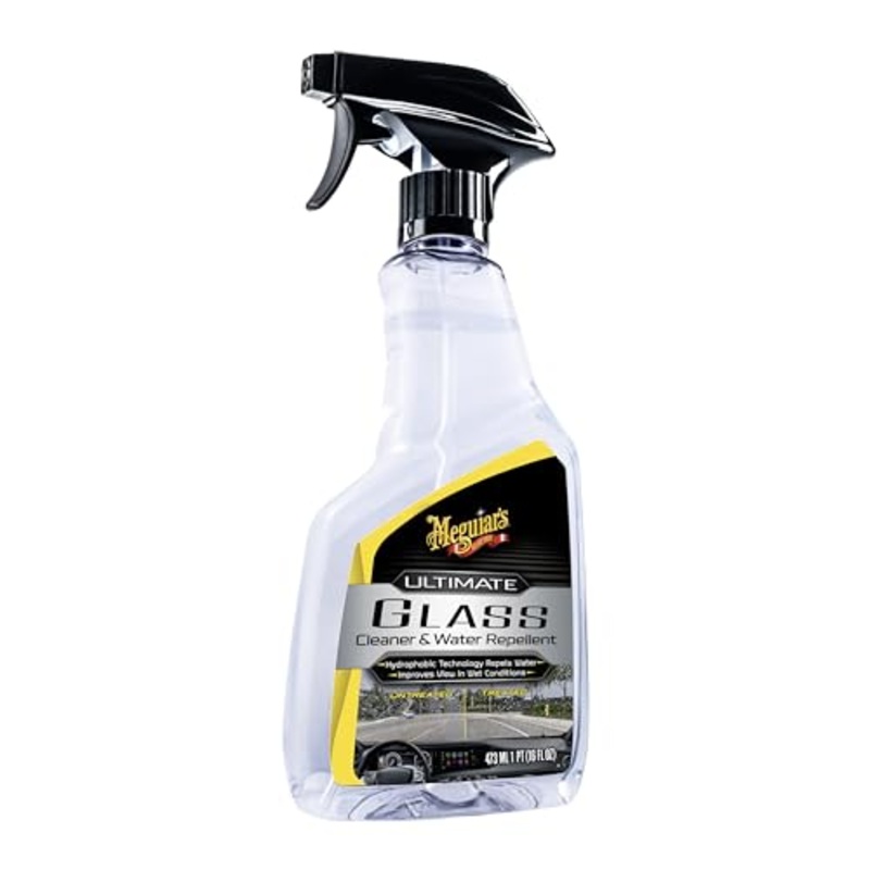 Meguiar’s Ultimate Glass Cleaner & Water Repellent – Premium Glass and Window Cleaner for Quick Cleaning with Hydrophobic Technology that Acts as a Rain Repellent Improving Visibility in Rain – 16oz