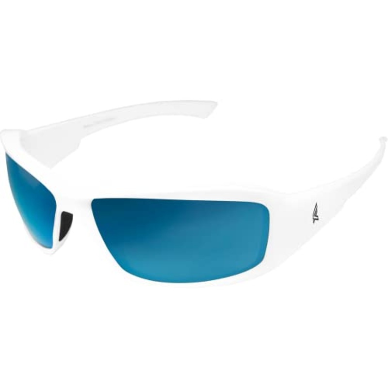 Edge TXBAP248 Brazeau Torque Polarized Wrap-Around Safety Glasses, Anti-Scratch, Non-Slip, UV 400, Military Grade ANSI/ISEA & MCEPS Compliant, 5.04 Wide, White Frame / Aqua Precision Blue Mirror Lens