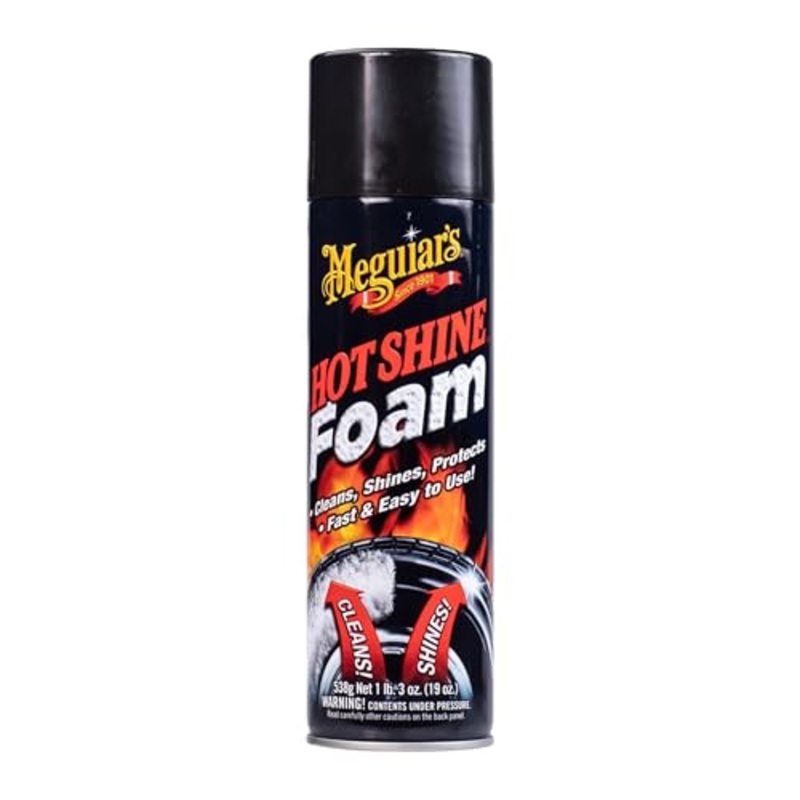 Meguiar’s Hot Shine Tire Foam – High Goss Tire Shine that Cleans, Shines, and Protects in One, Deep, Black Shine with Conditioners and UV Protection to Help Keep Tires Looking Like New, 19 Oz Aerosol