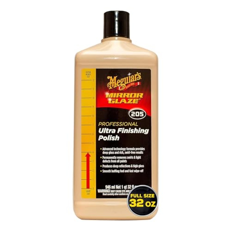 Meguiar’s M205 Mirror Glaze Ultra Finishing Polish, Easy-to-Use Formula for Impeccable Shine, Multiple Ways to Apply Mirror Glaze, Removes Defects and Swirls for a High Gloss, 32 Oz Container