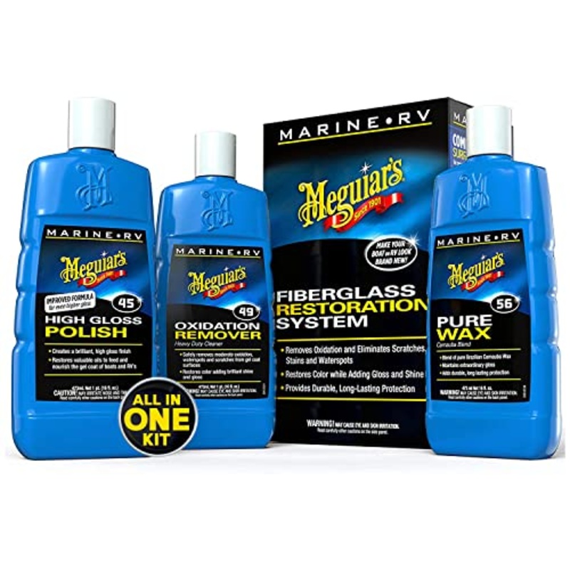 Meguiar’s M4965 Marine/RV Fiberglass Restoration System, 3-Piece Marine Fiberglass Repair Kit Featuring Oxidation Remover for Boat Care Plus Boat Polish and Wax