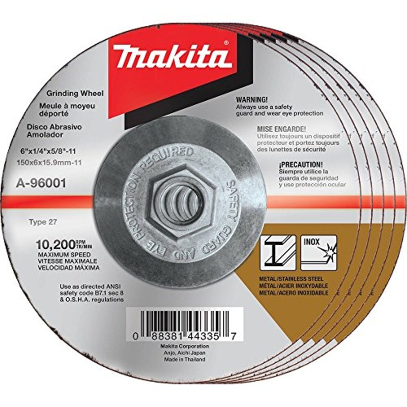 Makita A-96001-5 6 x 1/4 x 5/8-11 Hubbed INOX Grinding Wheel, 36 Grit, 5/pk
