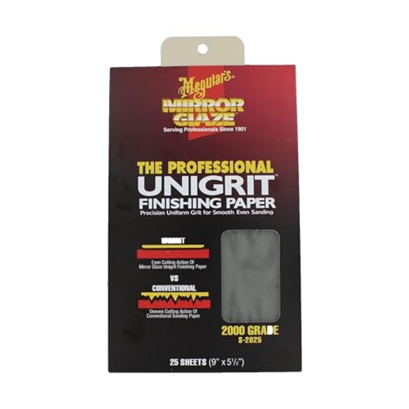 Meguiar’s Unigrit Finishing Paper – 2,000 Grit – Pro Wet/Dry Sandpaper, Fast and Even Cutting Action with Smooth Sanding Pattern That Eliminates The Risk of Deep, Uneven Sanding Scratches, 25 Sheets