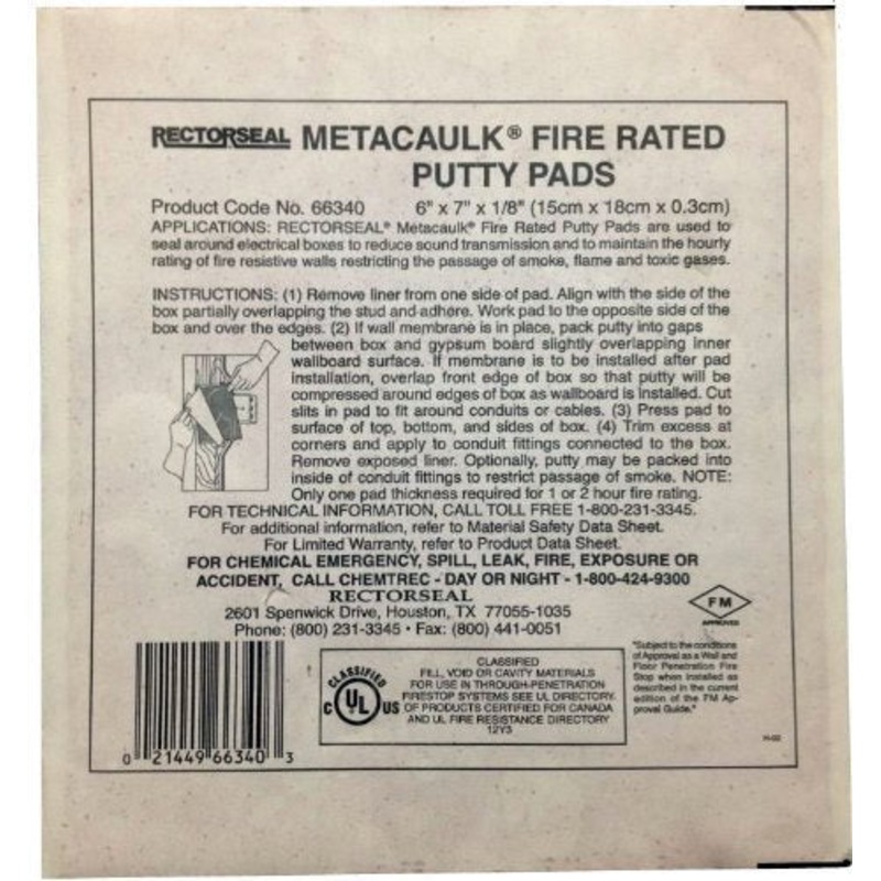 RectorSeal Metacaulk Firestop Putty Pad 66335, Easy Installation, Firestop, 7X7
