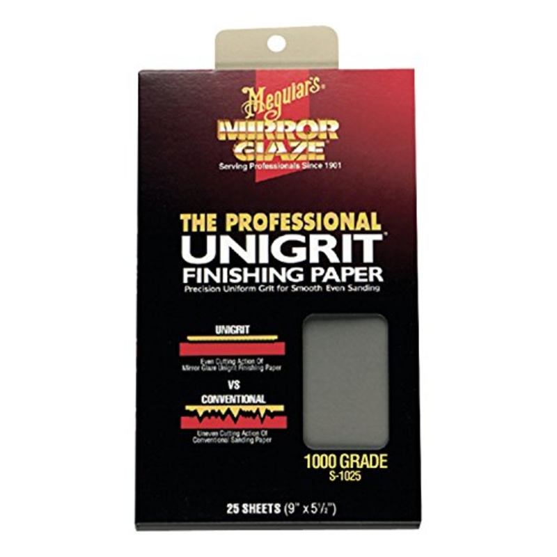 Meguiar’s Unigrit Finishing Paper – 1,000 Grit – Pro Wet/Dry Sandpaper, Fast and Even Cutting Action with Smooth Sanding Pattern That Eliminates The Risk of Deep, Uneven Sanding Scratches, 25 Sheets