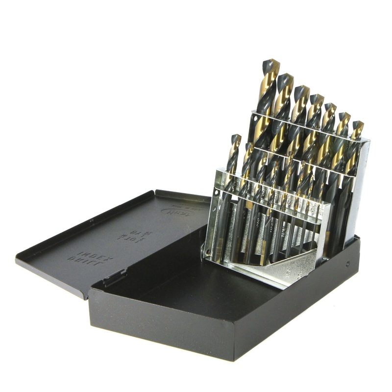 Drillco 350N Series Nitro 15 Piece High-Speed Steel Mechanics Length Drill Bit Set Black and Gold Oxide Finish Round with Flats Shank Spiral Flute 135 Degrees Split Point 1/16 – 1/2 in 1/32 increments